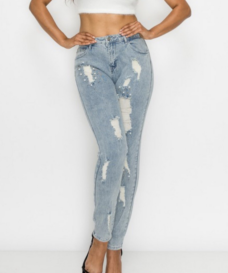 Denim & pearls glam Pants - Mesmeric Chic 